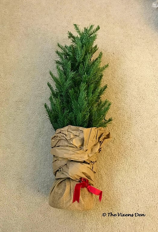 a small Christmas tree with brown paper wrapped around the trunk