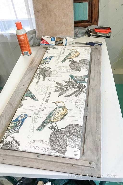bird fabric covered corkboard and materials