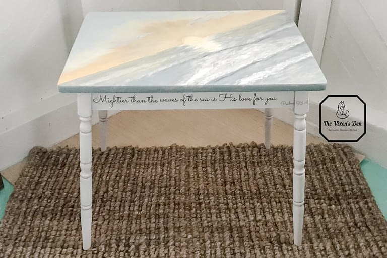 final view of the children's table with painted top, bible verse transfer, and waxed legs