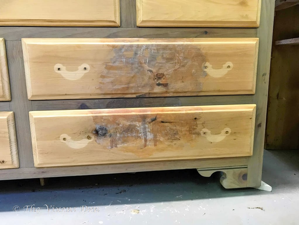 raw wood stained dresser with transfer paper removed