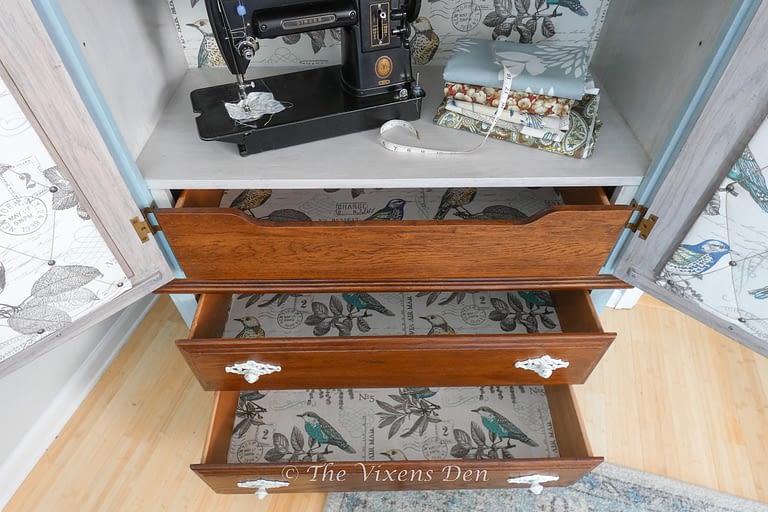 fabric lined drawers installed with mod podge