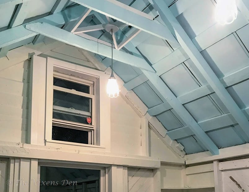 she-shed ceiling painted SW Swimming and DIY farmhouse lighting