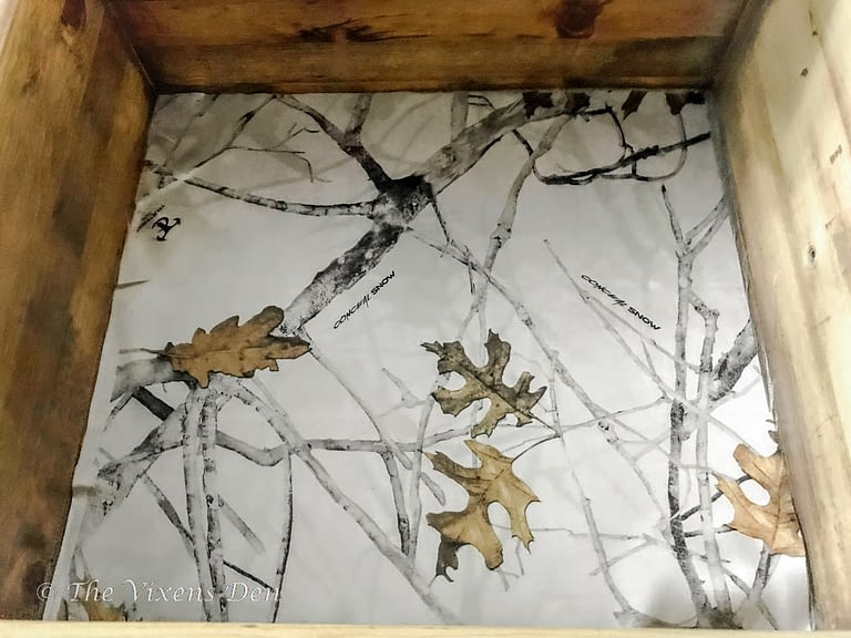 white camo fabric lined drawer